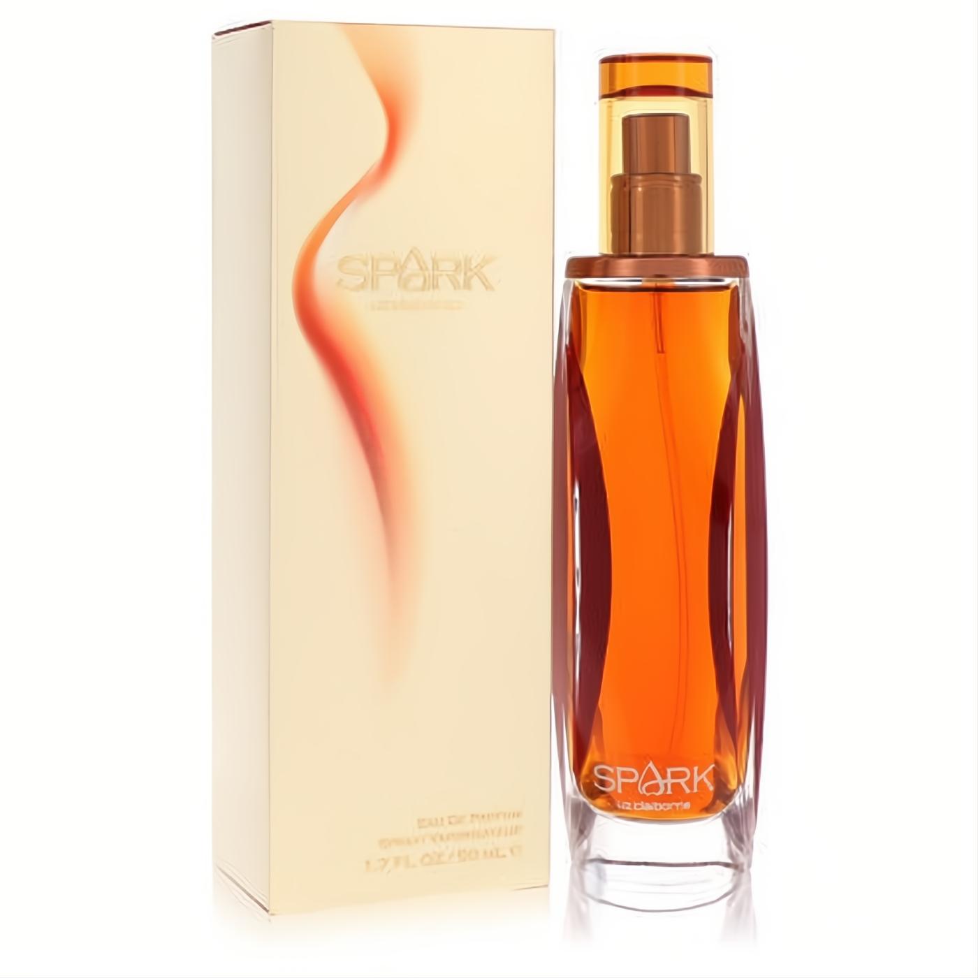 Spark Liz Claiborne 1.7 oz EDP. Amber perfume in a sleek glass bottle, displayed with its elegant cream box featuring a fiery design.