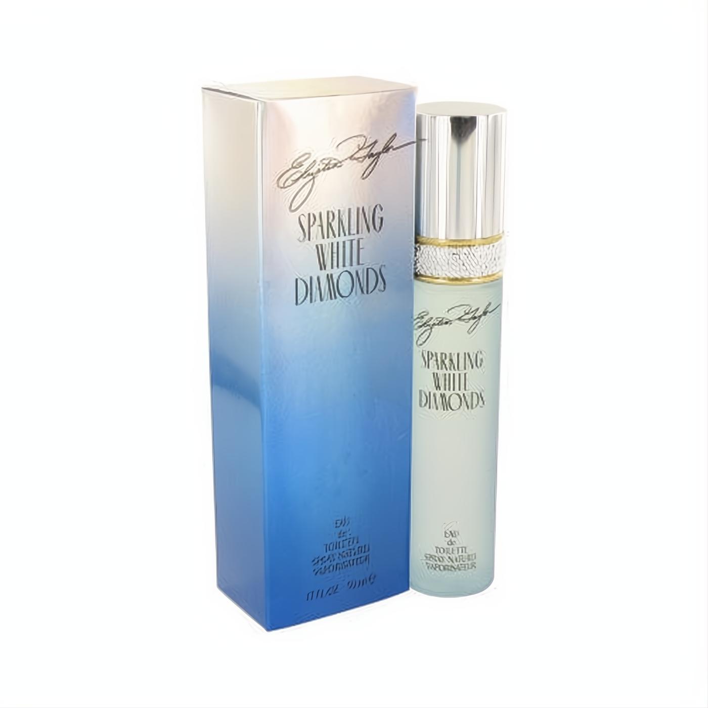 Sparkling White Diamonds 1.7 oz EDT by Elizabeth Taylor. Frosted blue bottle with silver cap & sparkling band, beside its elegant blue gradient box.
