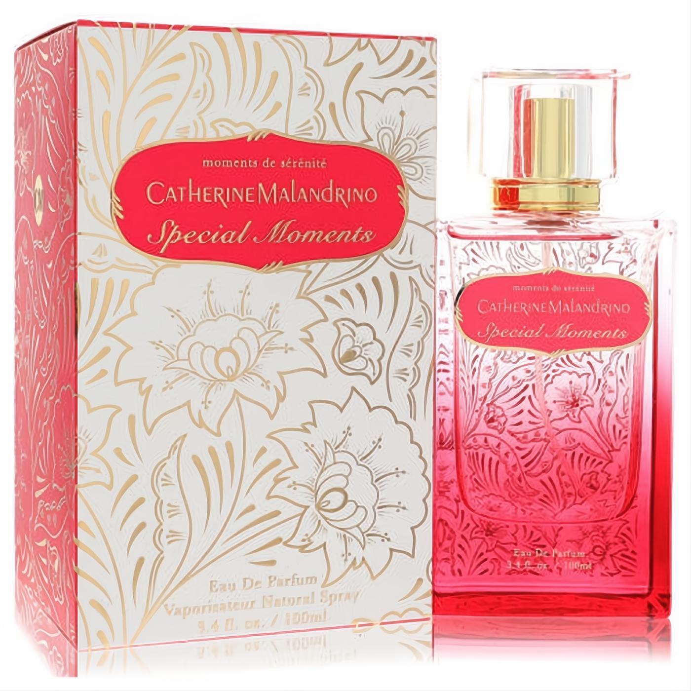Captivating Catherine Malandrino Special Moments 3.4 oz EDP. Pink liquid in a clear glass bottle with gold accents and an elegant floral box.