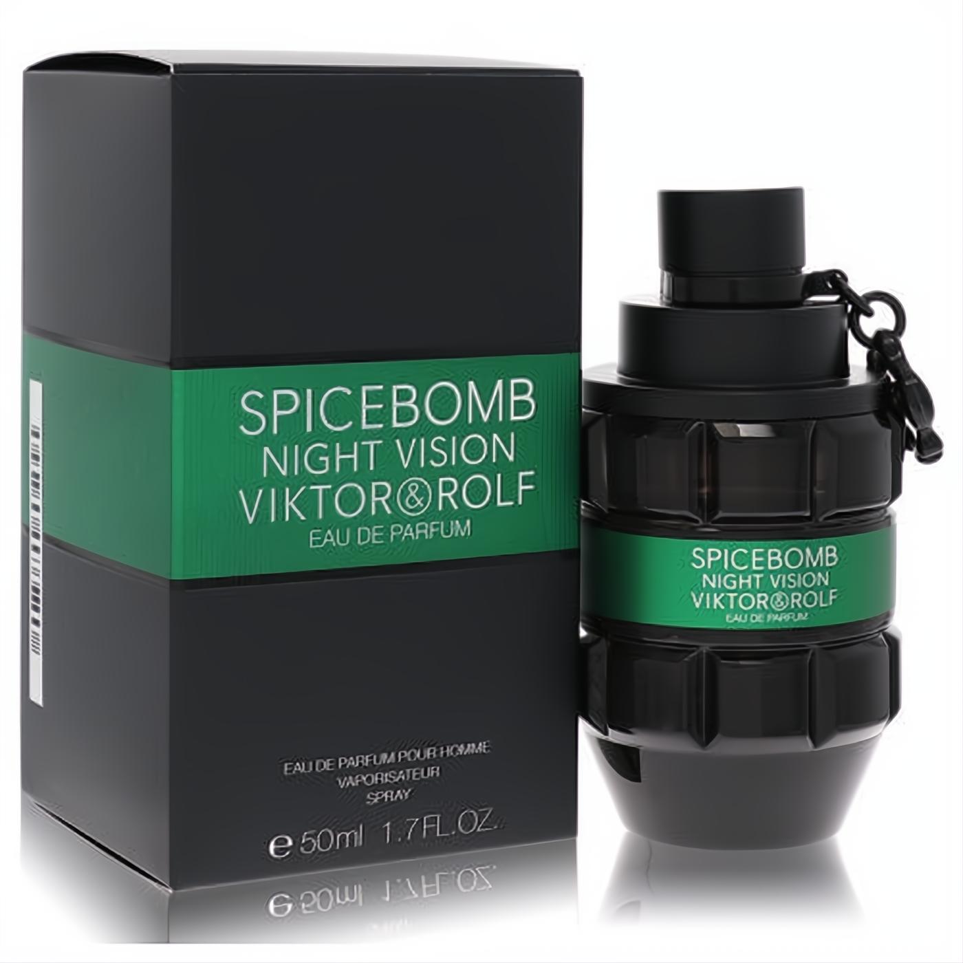Spicebomb Night Vision 1.7oz men's cologne: sleek black grenade bottle with vibrant green label and matching box.
