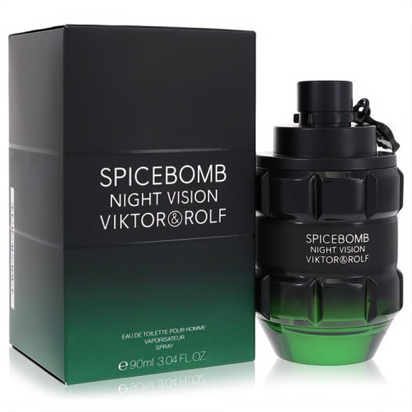 Viktor & Rolf Spicebomb Night Vision 3 oz men's cologne. Bold black-to-green grenade bottle and matching box.