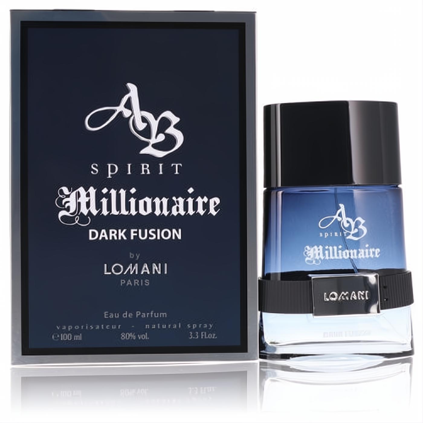 Spirit Millionaire Dark Fusion 3.3 oz men's cologne. Elegant blue gradient glass bottle with black cap and band, next to its sophisticated dark blue box.