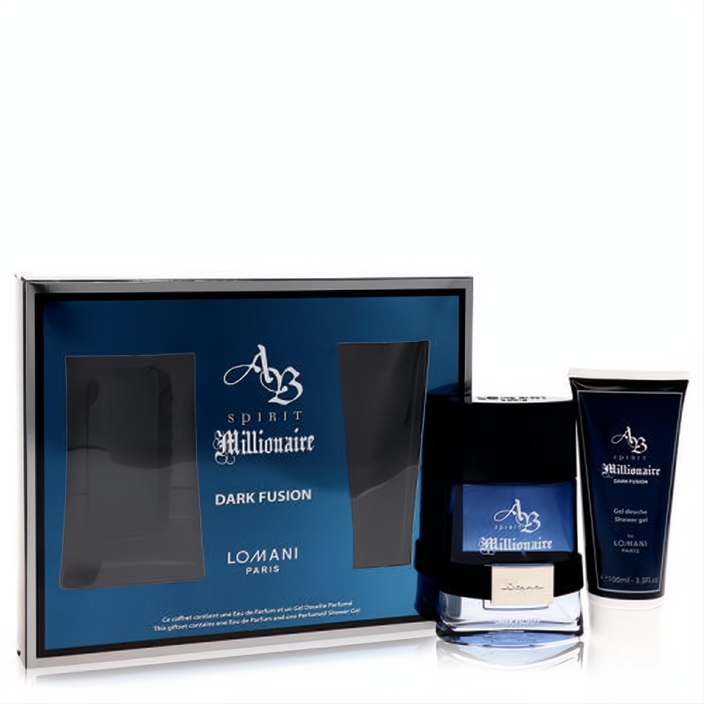Lomani Spirit Millionaire Dark Fusion men's 3.3 oz EDP and shower gel gift set. Sleek blue bottle, tube, and branded box.