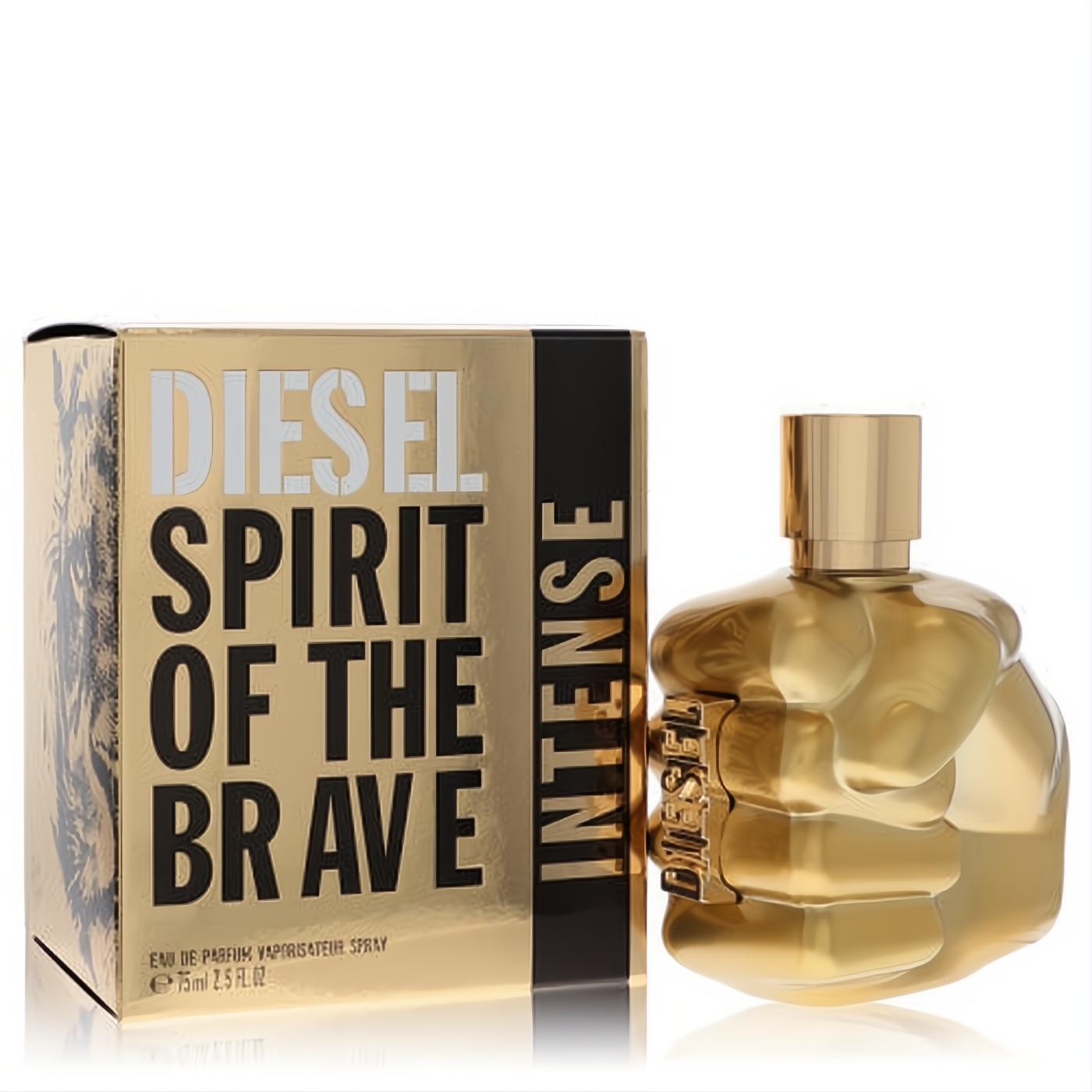 Diesel Spirit of the Brave Intense 2.5 oz men's fragrance: bold gold fist bottle and matching tiger-stripe box.