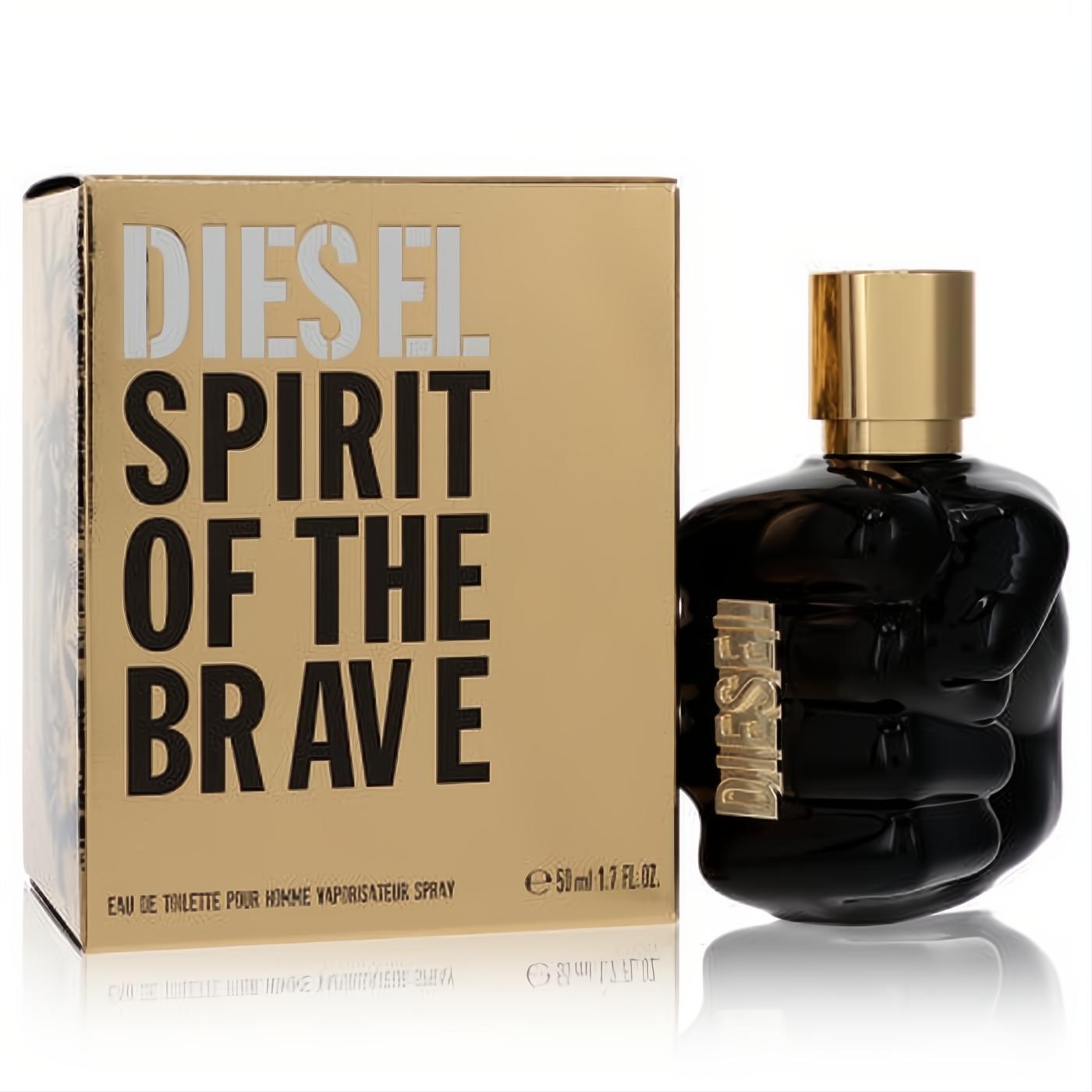 Unleash your power with Diesel Spirit of the Brave 1.7 oz men's cologne. Bold black fist bottle, gold cap, and metallic gold box.