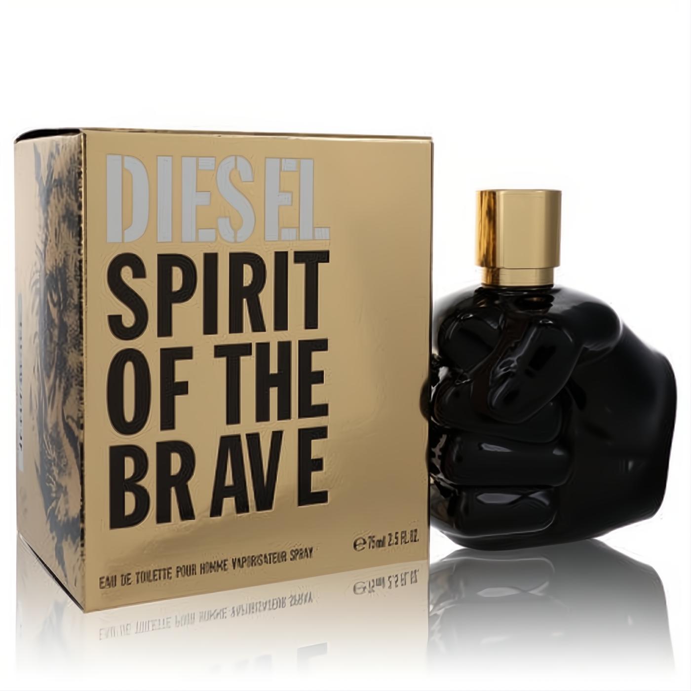 Unleash your power with Diesel Spirit of the Brave 2.5 oz men's cologne. Iconic black fist bottle, gold cap, and bold gold box.