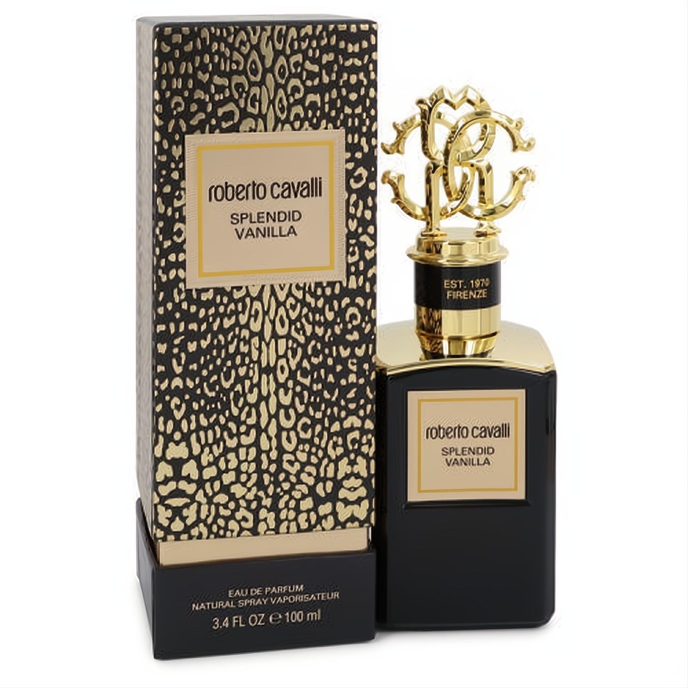 Splendid Vanilla Roberto Cavalli EDP. Black bottle, ornate gold RC logo cap, bold leopard print box. 3.4 oz.