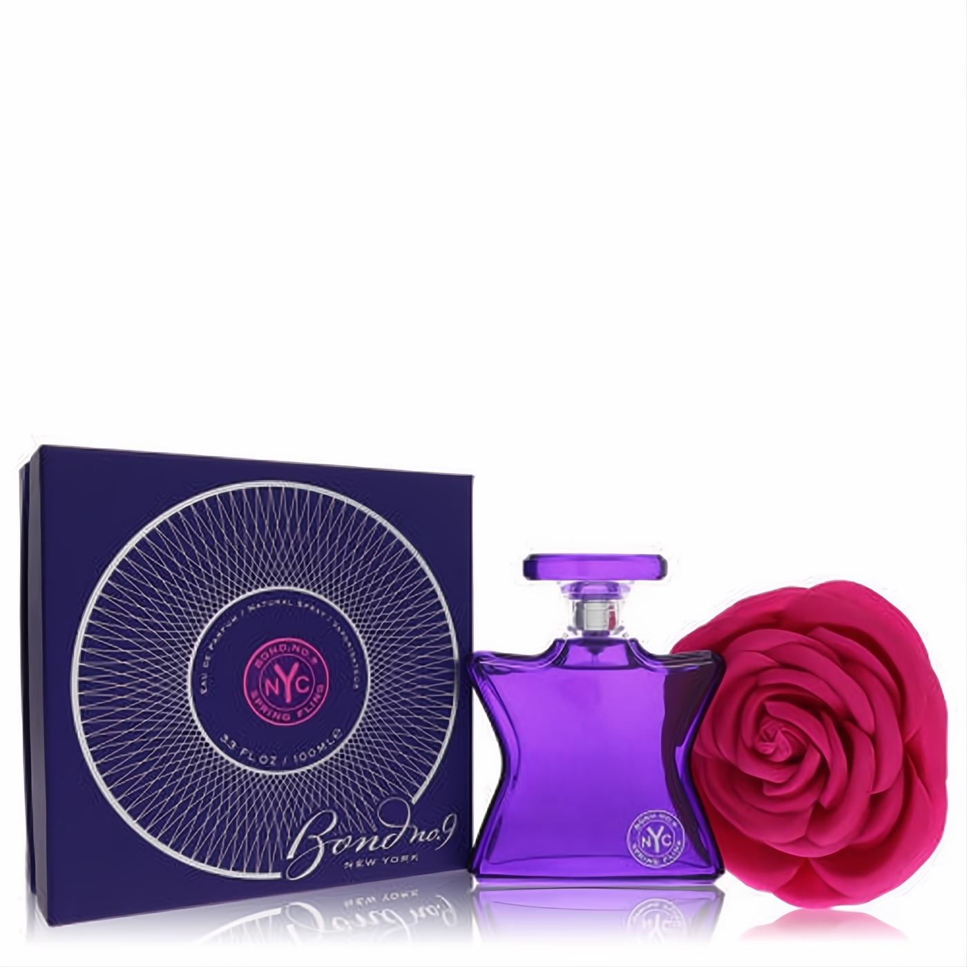Bond No. 9 Spring Fling 3.4 oz EDP: a unique purple bottle, elegant dark blue box, and vibrant pink rose.