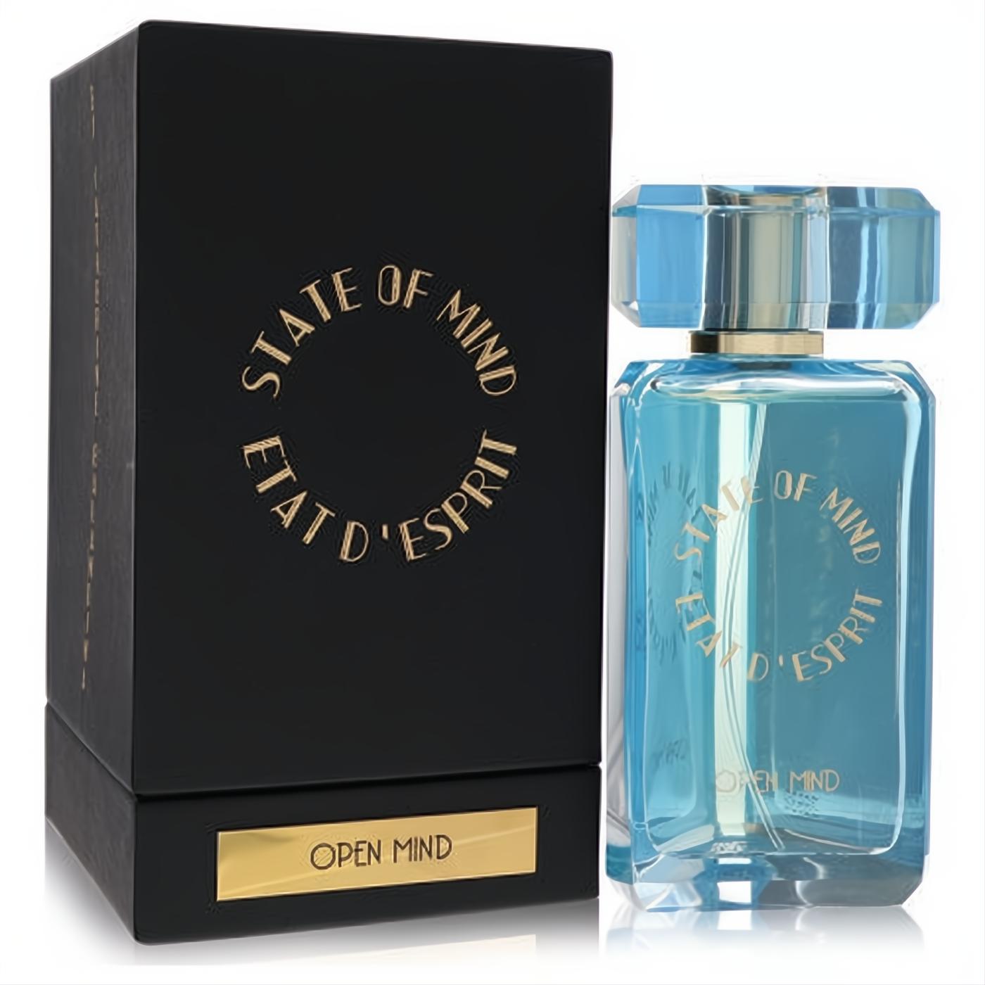Elegant State Of Mind Open Mind Eau De Parfum. Black box with gold logo, vibrant blue glass bottle, gold neck, and faceted cap.