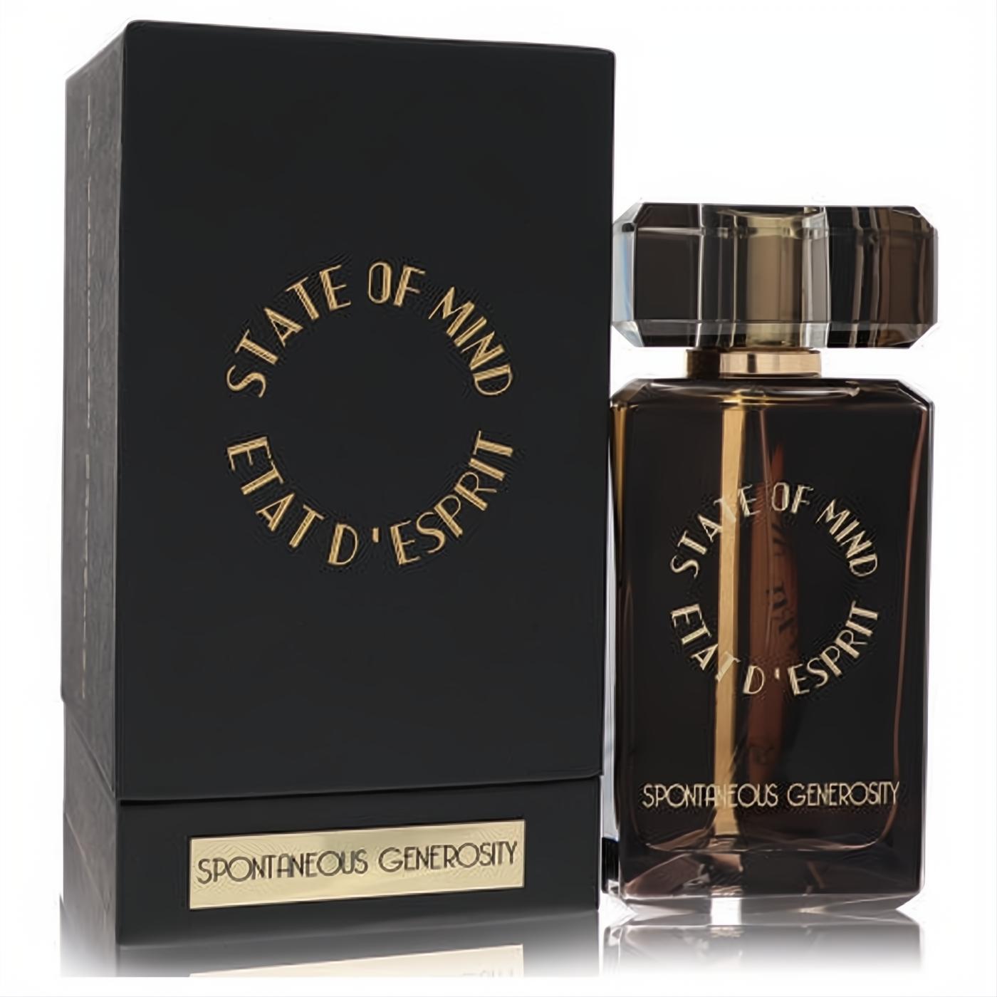 Luxurious State Of Mind Spontaneous Generosity 3.4 oz unisex EDP. Dark glass bottle with gold cap, presented in a sleek black and gold box.