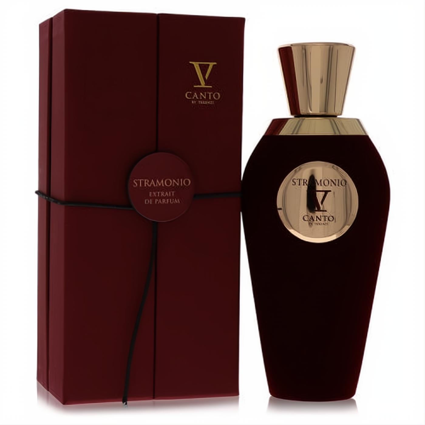 Elegant Stramonio V Canto Extrait De Parfum: deep red velvet bottle with gold cap, beside its luxurious matching textured box.