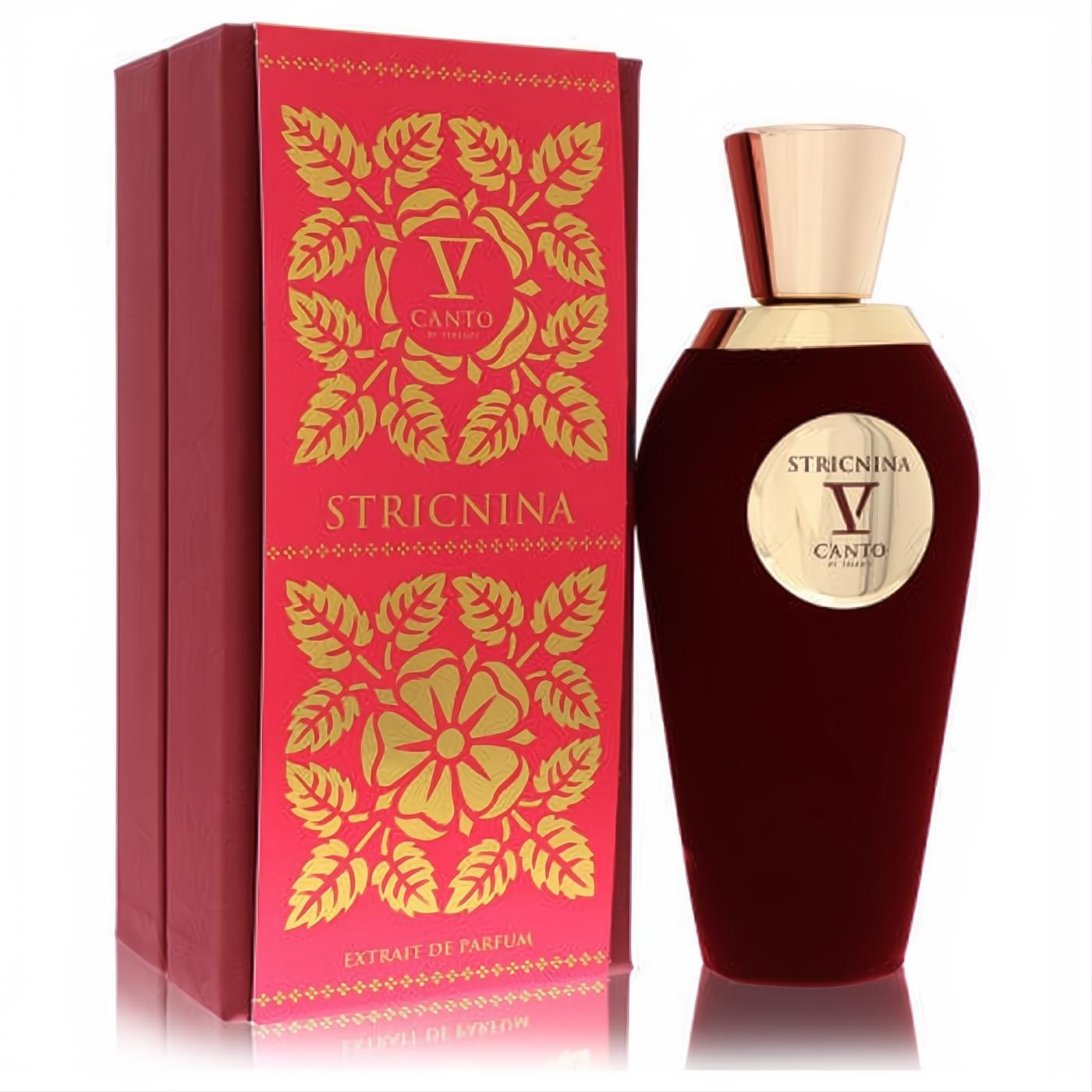 Stricnina V Canto Extrait De Parfum: luxurious deep red velvet bottle, elegant gold cap, and ornate gold-patterned box.