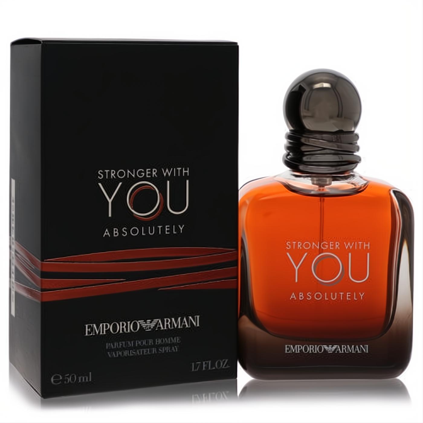 Giorgio Armani Stronger With You Absolutely 1.7 oz EDP. Bold amber bottle, dark cap, with its sleek black and red-orange box.