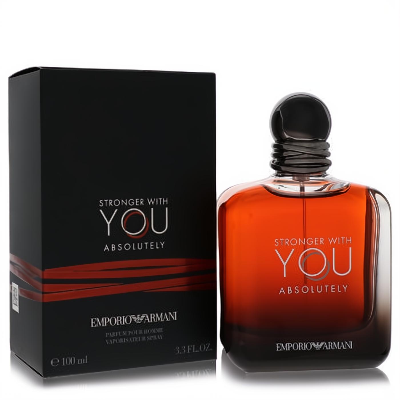 Giorgio Armani Stronger With You Absolutely 3.3 oz EDP. Bold amber gradient bottle with dark cap, next to its sleek black and red box.