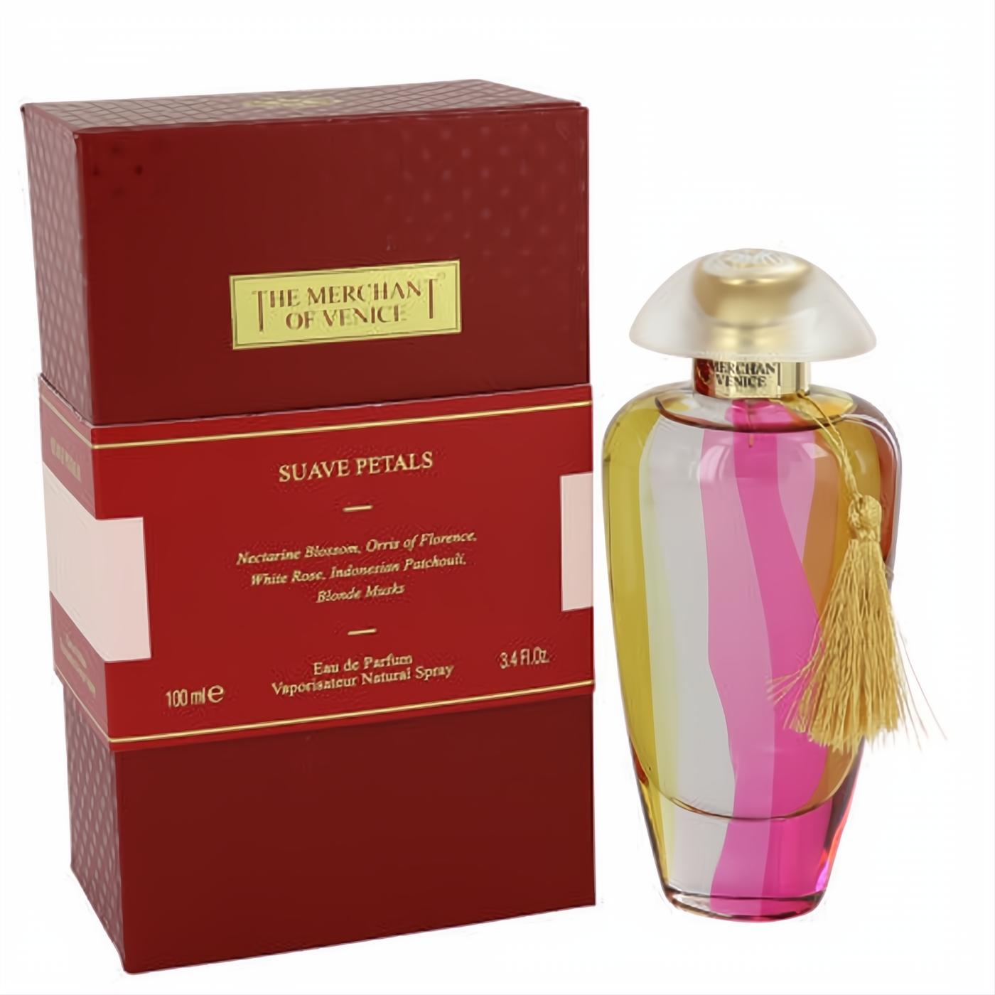 Suave Petals 3.4 oz Eau de Parfum by The Merchant of Venice. Vibrant pink, yellow, orange bottle with gold cap, tassel, and red box.