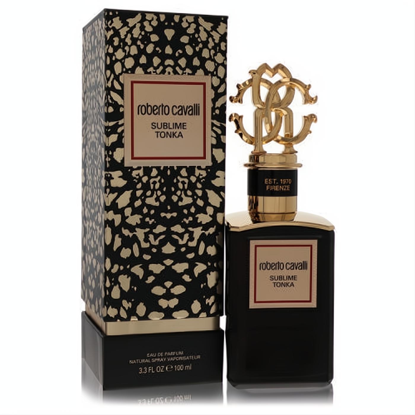 Roberto Cavalli Sublime Tonka 3.3 oz EDP. Bold black bottle, opulent gold RC cap, and fierce leopard print box.