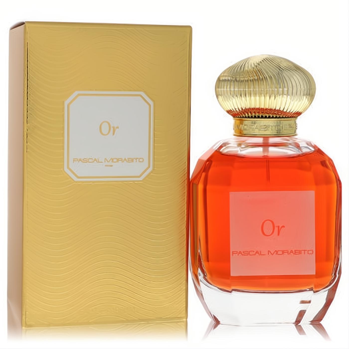 Sultan Or Pascal Morabito Eau De Parfum. Elegant gold textured box & clear bottle with radiant amber fragrance, ribbed gold cap.