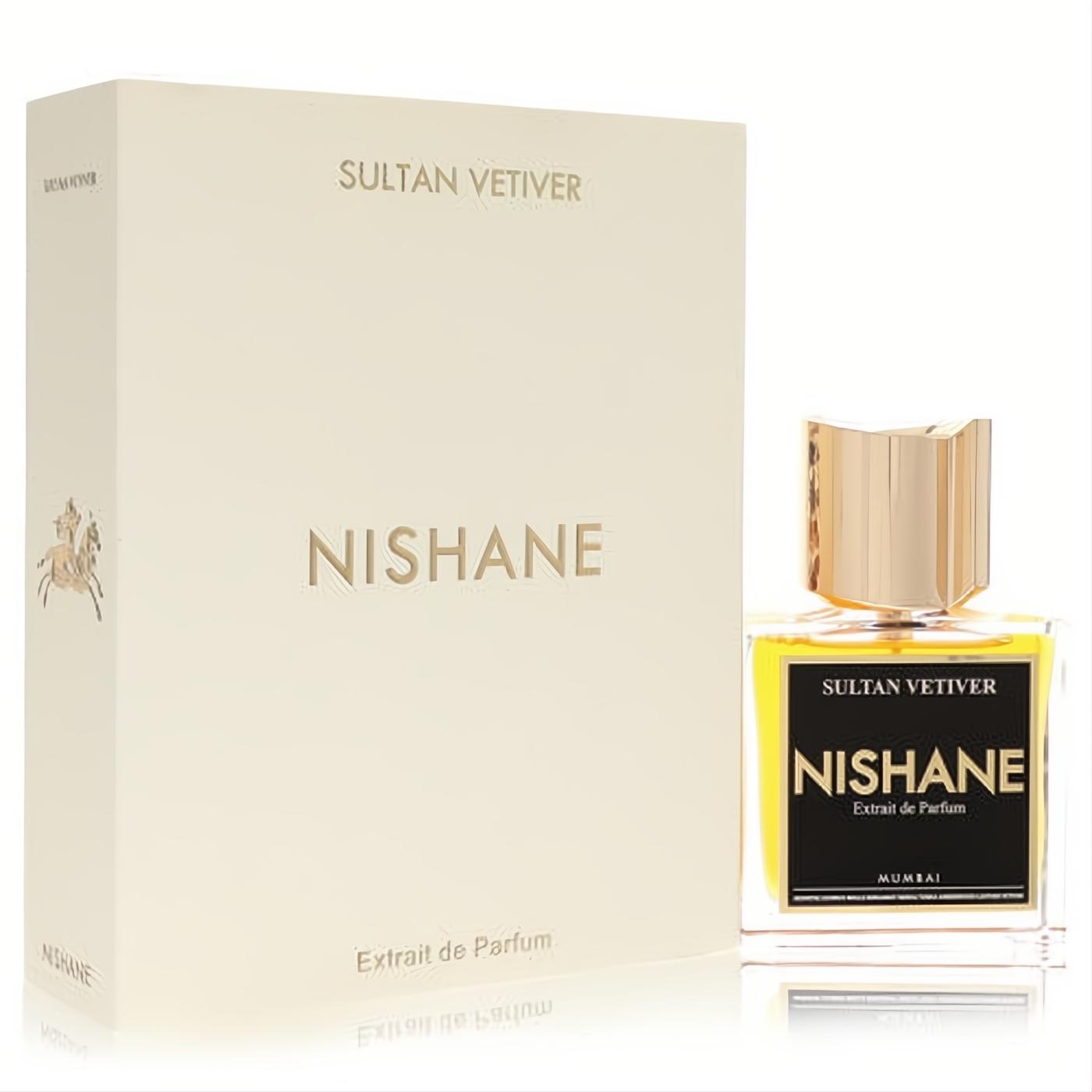 Luxurious Nishane Sultan Vetiver 1.7 oz Extrait De Parfum in a sleek clear bottle with gold cap and elegant cream packaging.