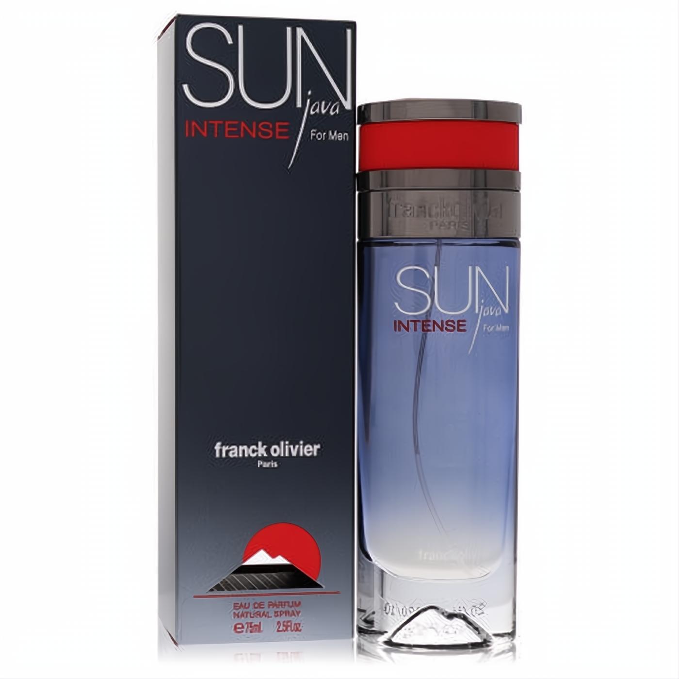 Franck Olivier Sun Java Intense 2.5 oz men's Eau De Parfum. Dark blue box and sleek blue glass bottle with a striking red-banded silver cap.