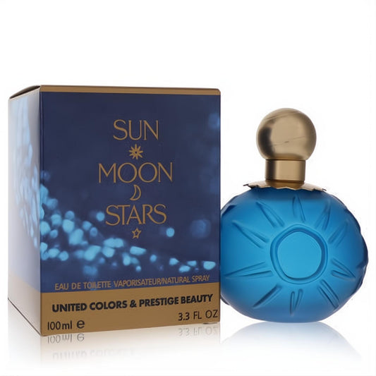 Karl Lagerfeld Sun Moon Stars 3.3 oz EDT. Iconic blue glass bottle with celestial design and gold cap, displayed with its elegant dark blue box.