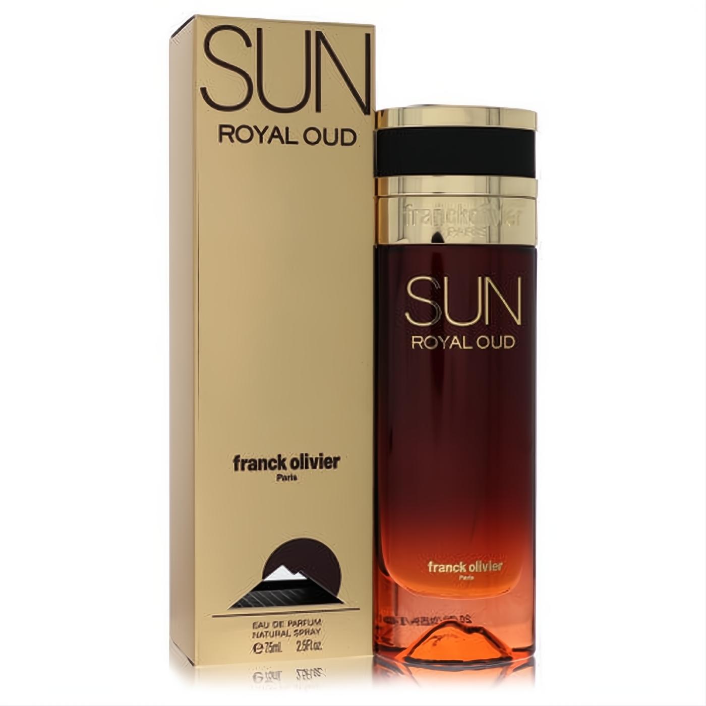 Luxurious Franck Olivier Sun Royal Oud 2.5 oz EDP. Golden box and a warm amber-brown gradient bottle evoke a sunny day.