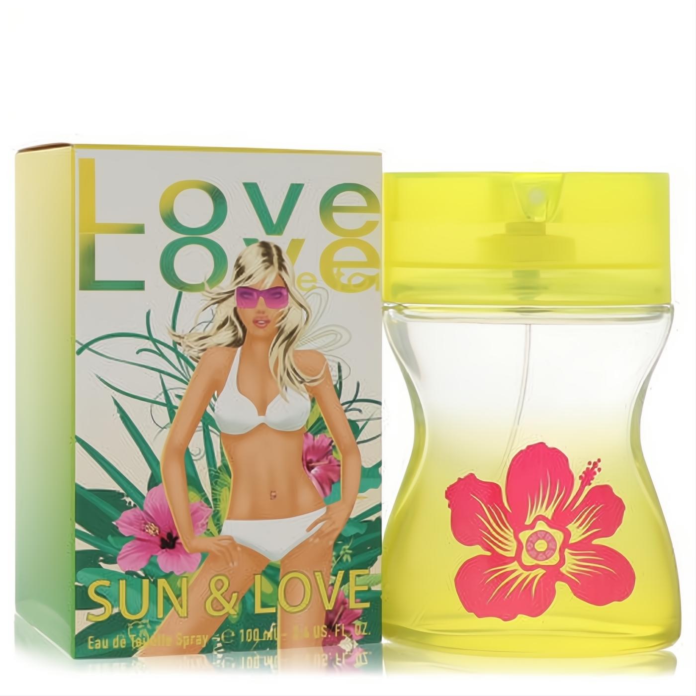 Vibrant Sun & Love by Cofinluxe 3.4 oz women's EDT. Hourglass bottle with yellow liquid, pink hibiscus, and tropical box.
