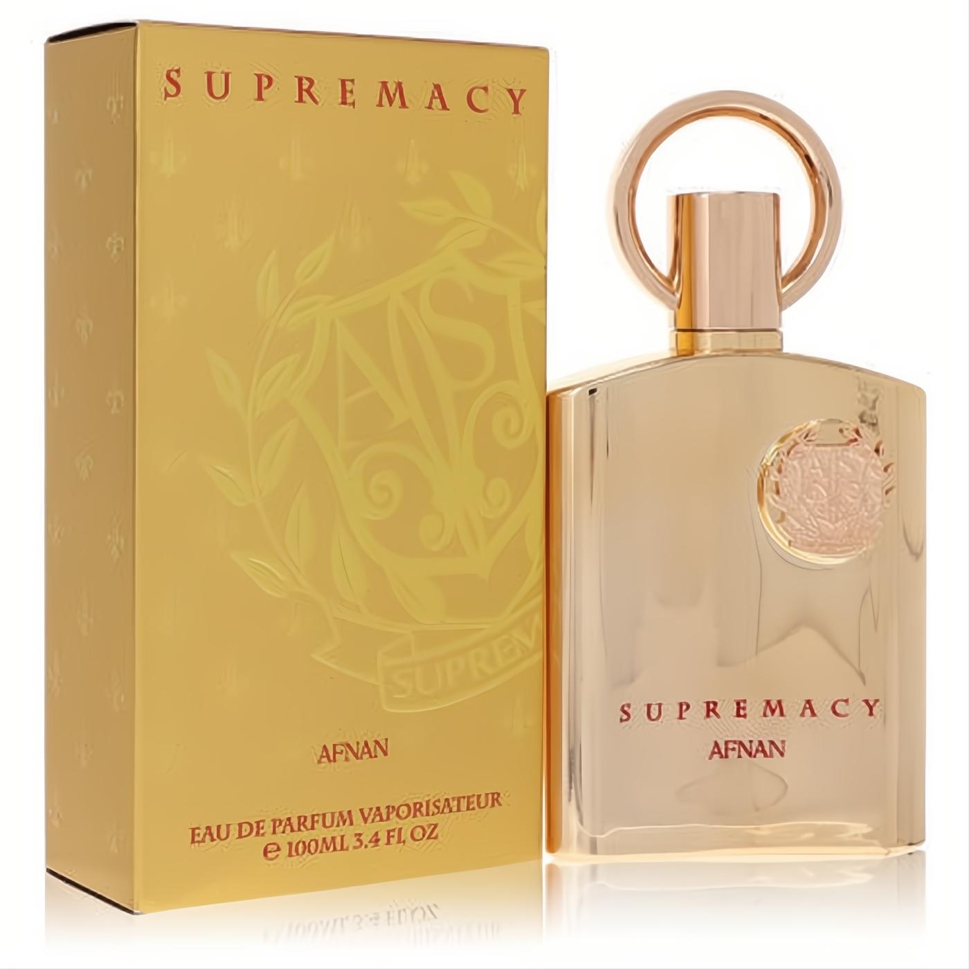 Elevate your scent with the luxurious gold Afnan Supremacy Eau De Parfum 3.4 oz bottle, featuring a unique ring cap and elegant design.