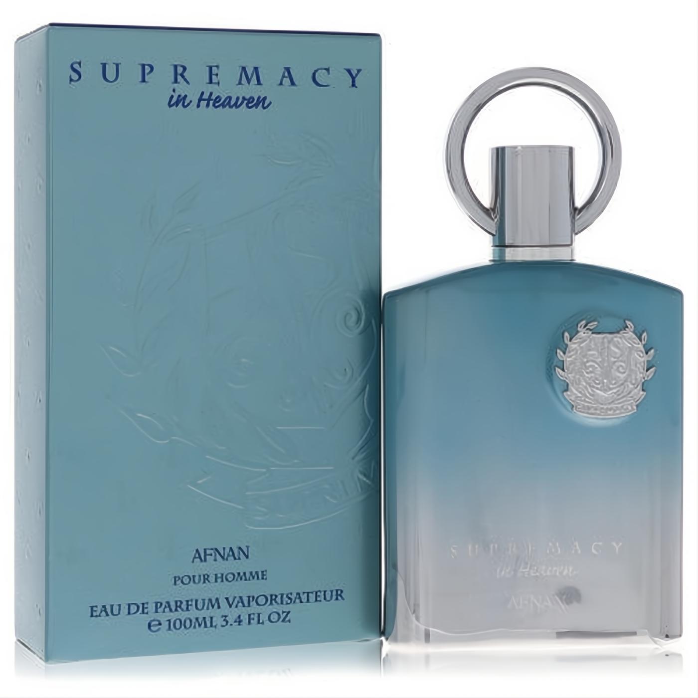 Afnan Supremacy in Heaven 3.4 oz men's EDP. Sleek blue gradient bottle, silver crest, and distinctive ring cap.