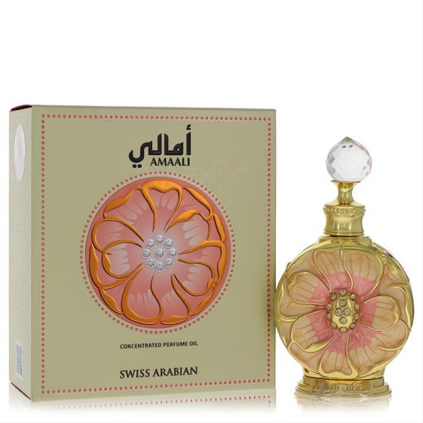 Swiss Arabian Amaali concentrated perfume oil. Elegant gold bottle with pink floral design, crystal accents, and matching box.