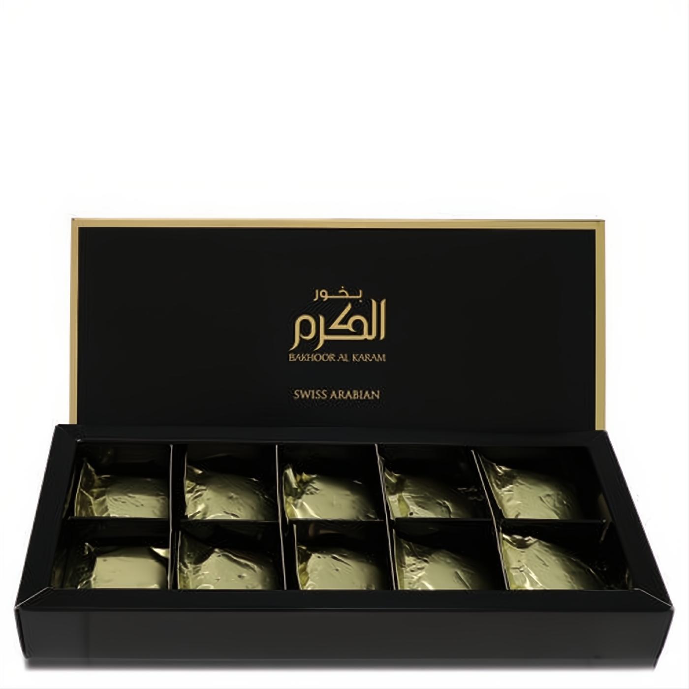 Experience Swiss Arabian Bakhoor Al Karam. Elegant black and gold box reveals 8 individually wrapped oud incense pieces.