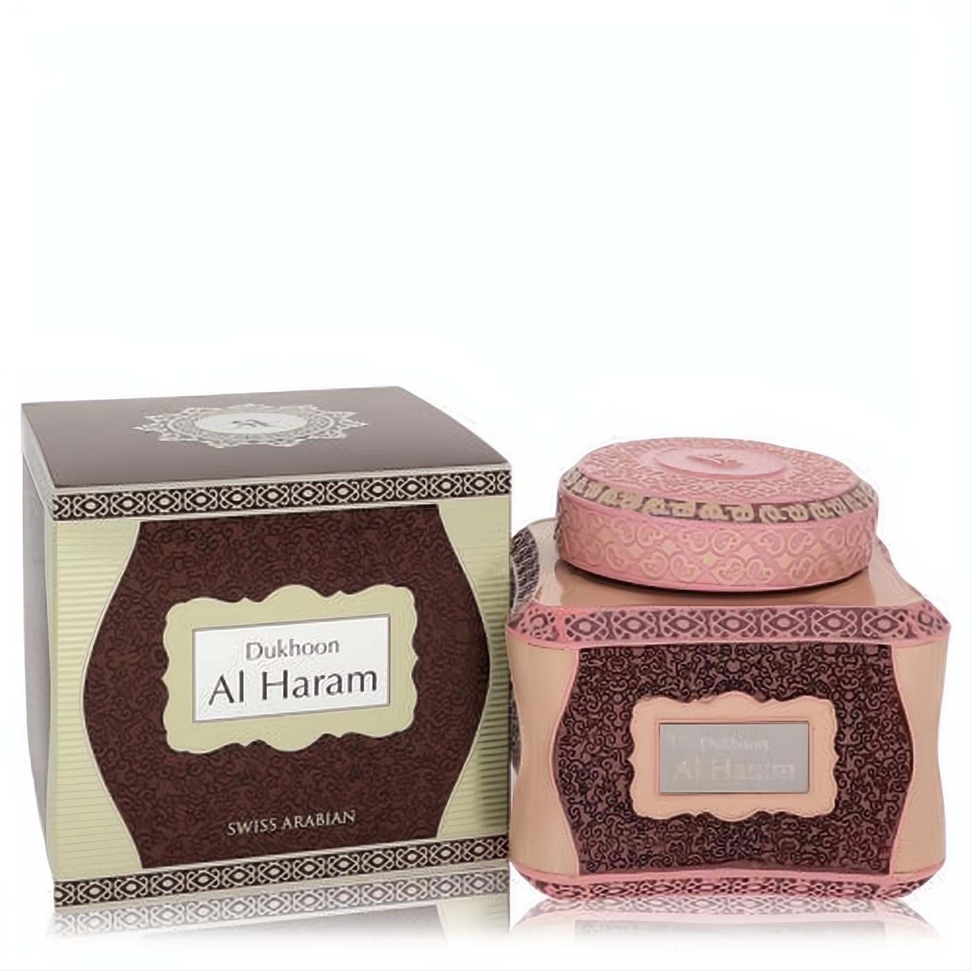 Exquisite pink and brown Swiss Arabian Dukhoon Al Haram bakhoor container, richly decorated with gold patterns, beside its elegant display box.