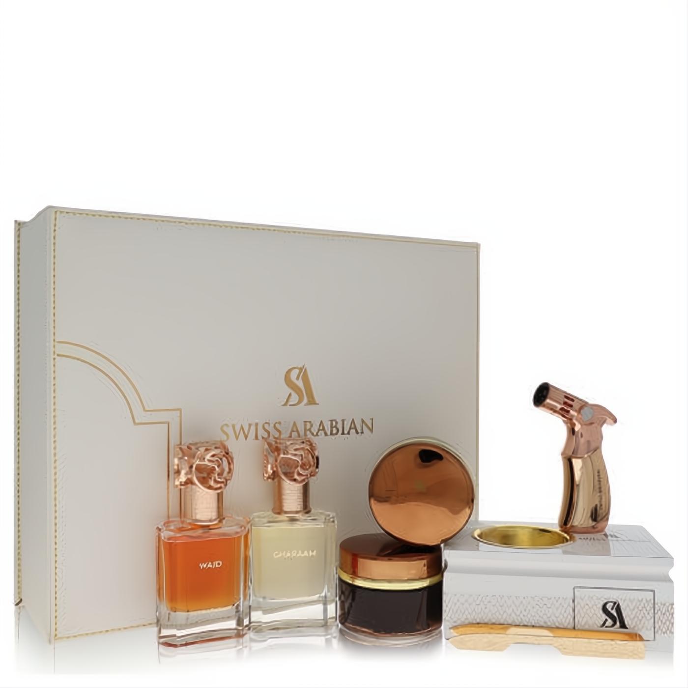 Luxurious Swiss Arabian men's fragrance gift set with Wajd & Gharaam EDPs, bakhoor incense, rose gold burner, and torch.