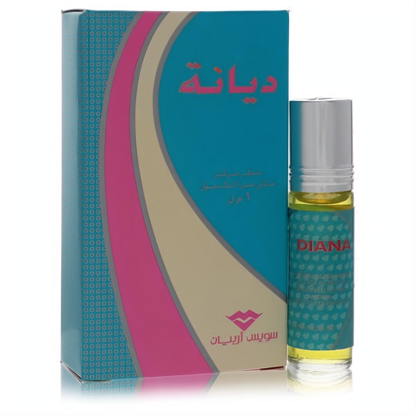 Luxurious Swiss Arabian Diana unisex perfume oil. .20 oz clear glass roll-on bottle with silver cap and vibrant teal, pink, beige box.