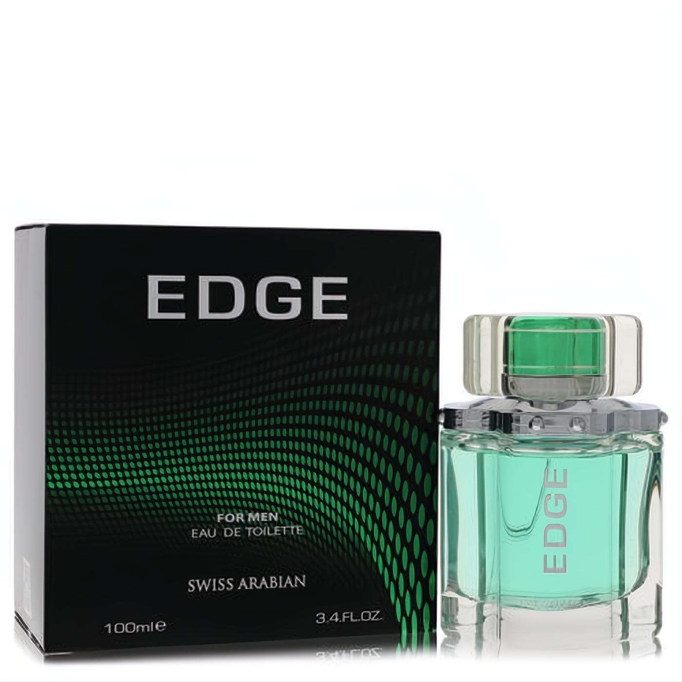 Swiss Arabian Edge men's 3.4 oz EDT. Modern clear glass bottle with refreshing green liquid and sleek black box.