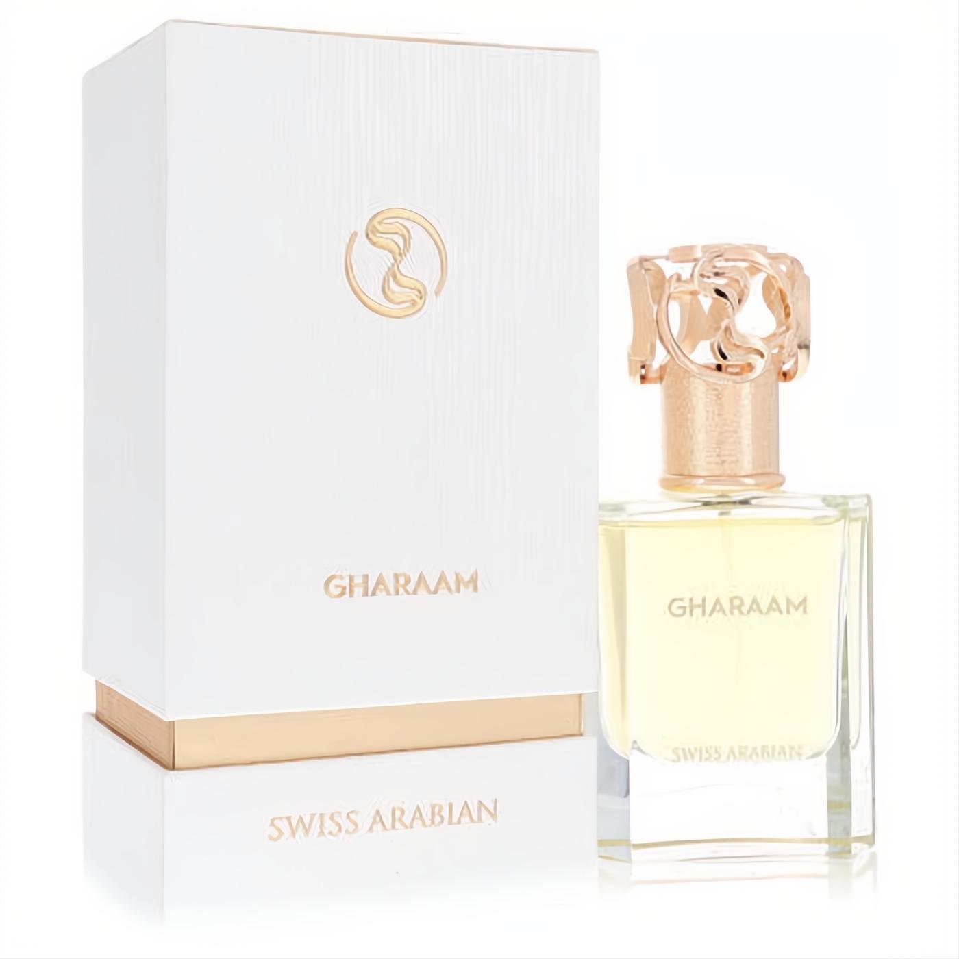 Swiss Arabian Gharaam 1.7 oz unisex EDP in a clear bottle with a stunning gold sculptural cap and elegant white box.