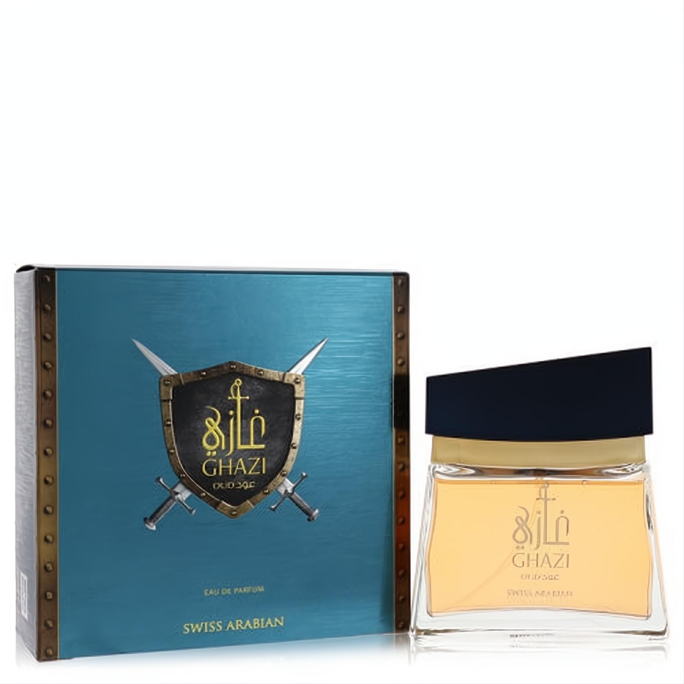 Luxurious Swiss Arabian Ghazi Oud fragrance. Amber liquid in a sleek glass bottle, beside its bold teal box with a shield and swords.