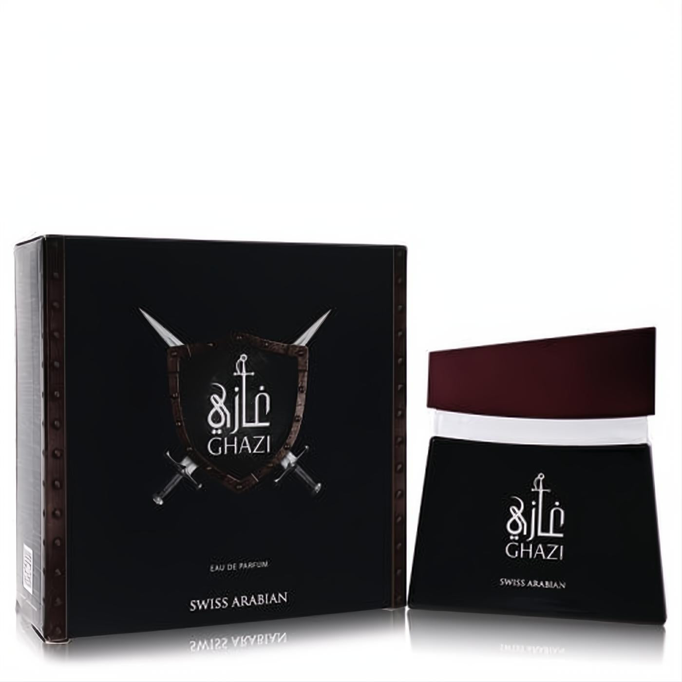 Swiss Arabian Ghazi men's EDP. Sleek black bottle, deep red cap. Warrior-themed box with silver shield and swords.