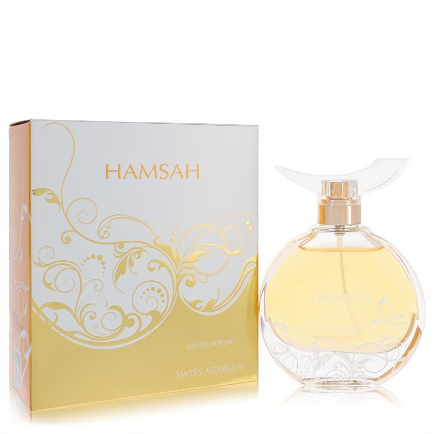 Luxurious Swiss Arabian Hamsah 2.7 oz EDP in a clear round bottle with a distinctive gold wing cap, next to its ornate gold and white box.