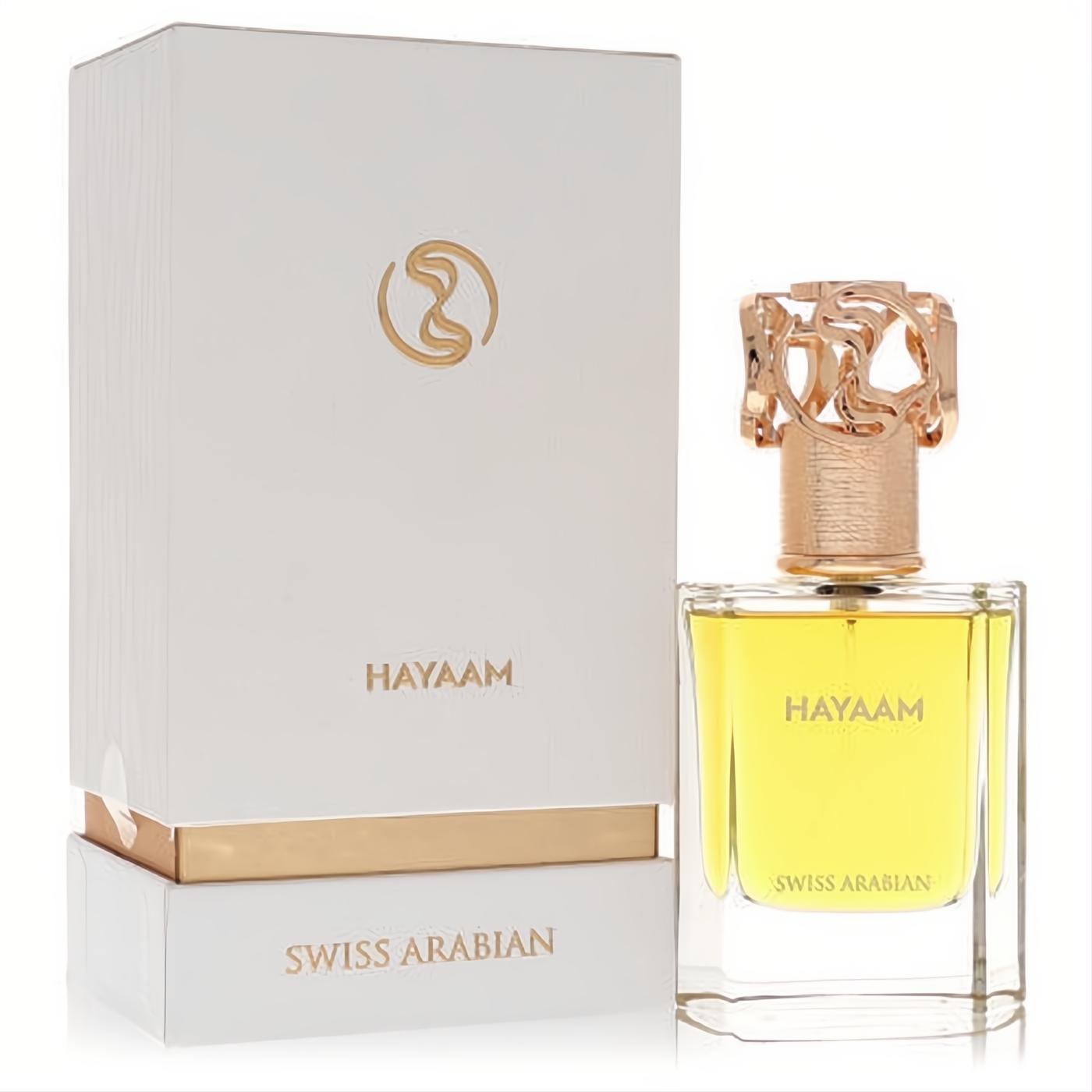 Exquisite Swiss Arabian Hayaam perfume in a clear glass bottle with golden liquid, ornate gold cap, and elegant white & gold box.