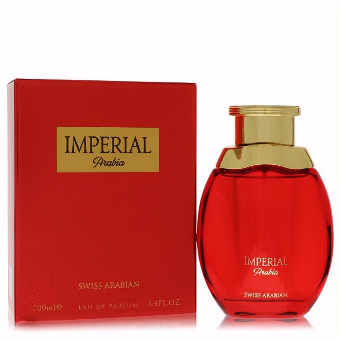 Vibrant red Swiss Arabian Imperial Arabia 3.4 oz unisex perfume bottle with sleek curved design, elegant gold cap, and matching box.