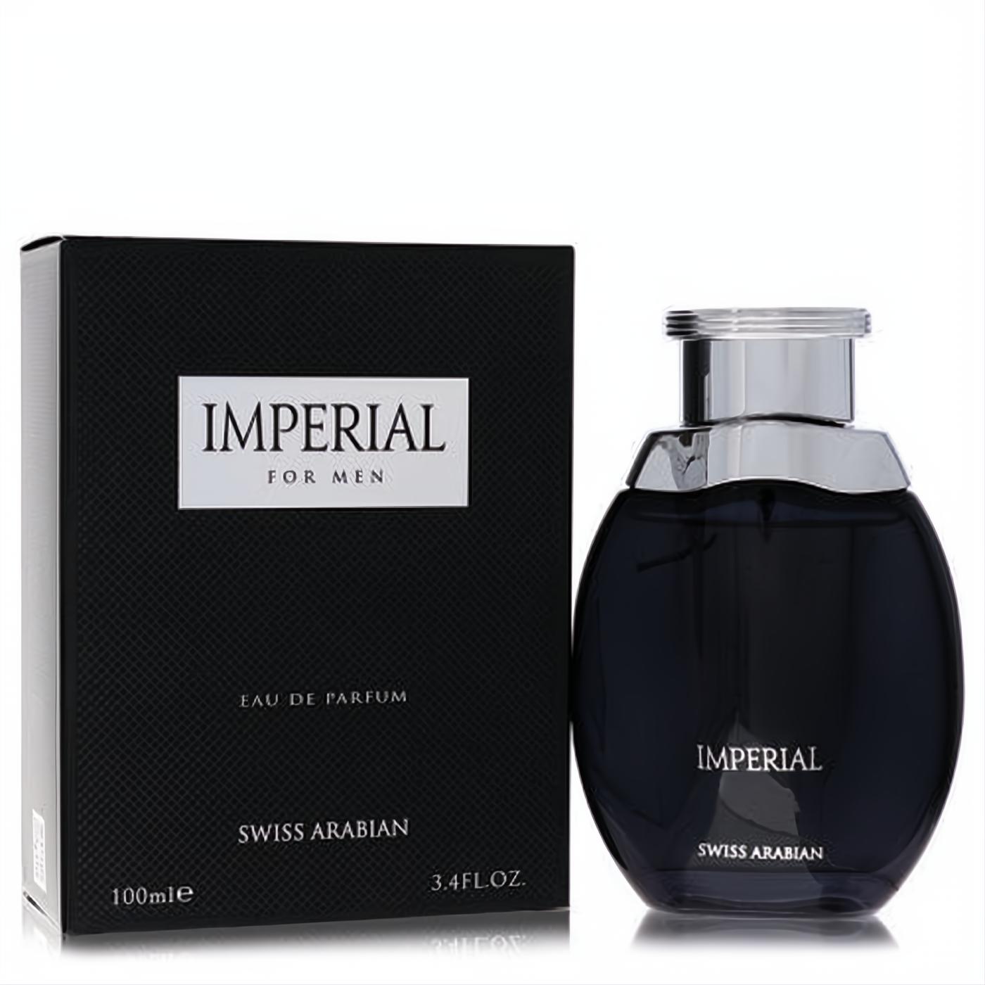 Swiss Arabian Imperial 3.4 oz men's Eau De Parfum. Sophisticated black glass bottle, silver cap, and matching branded box.