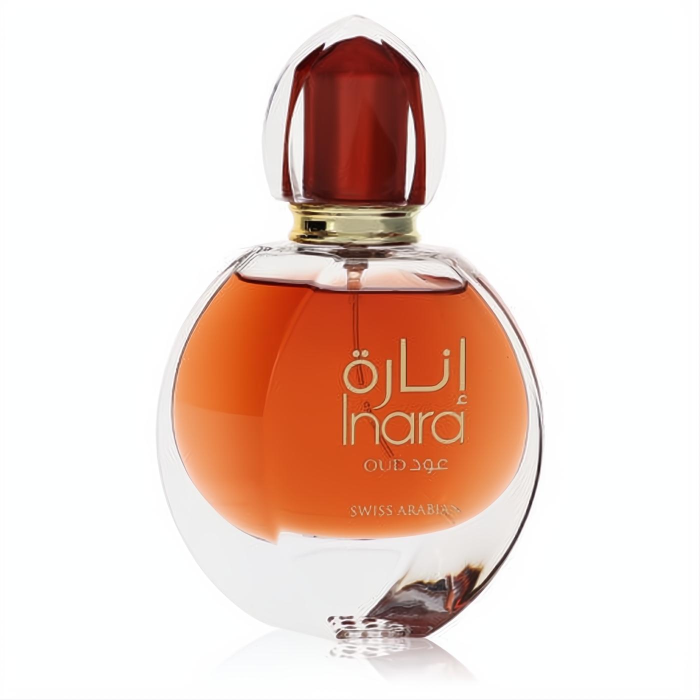 Luxurious Swiss Arabian Inara Oud 1.86 oz EDP for women. Clear glass bottle, rich amber fragrance, gold neck, and elegant red cap.