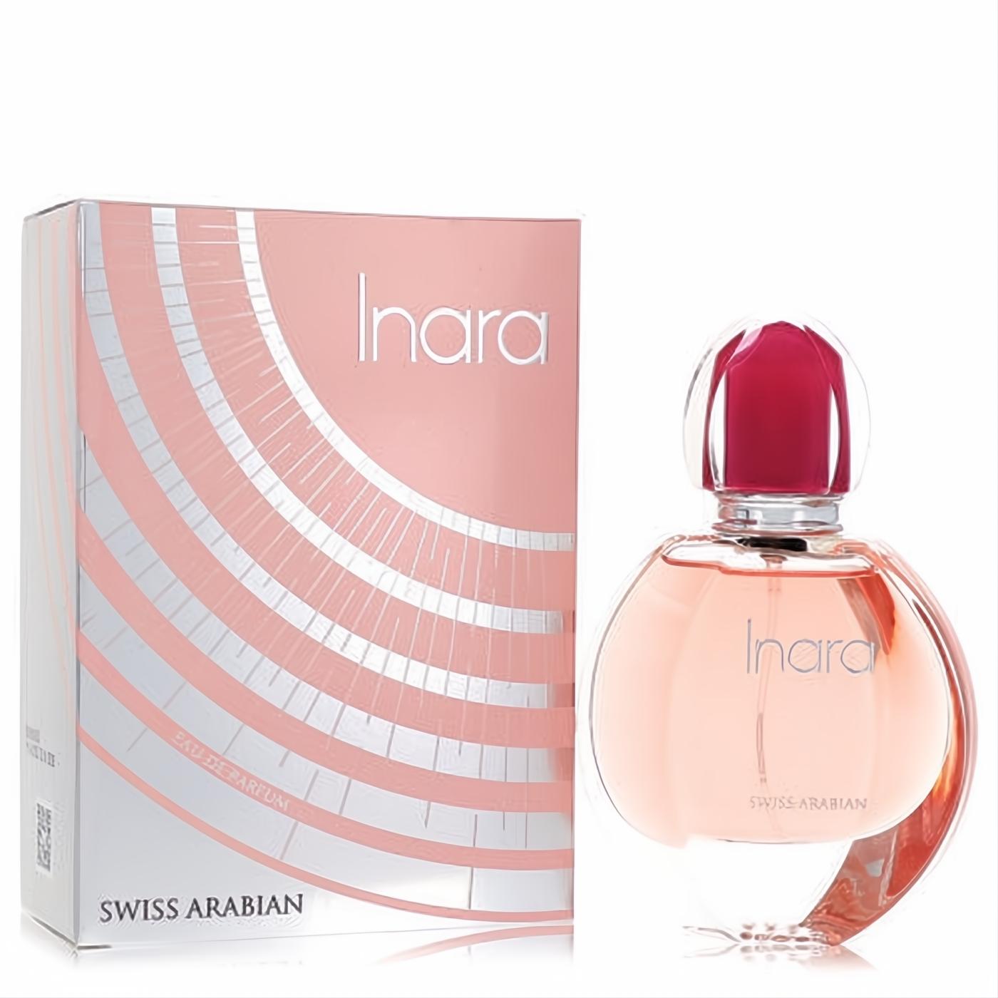 Experience Inara 1.86 oz EDP: elegant clear glass bottle with peachy liquid, striking magenta cap, and pink/silver box.