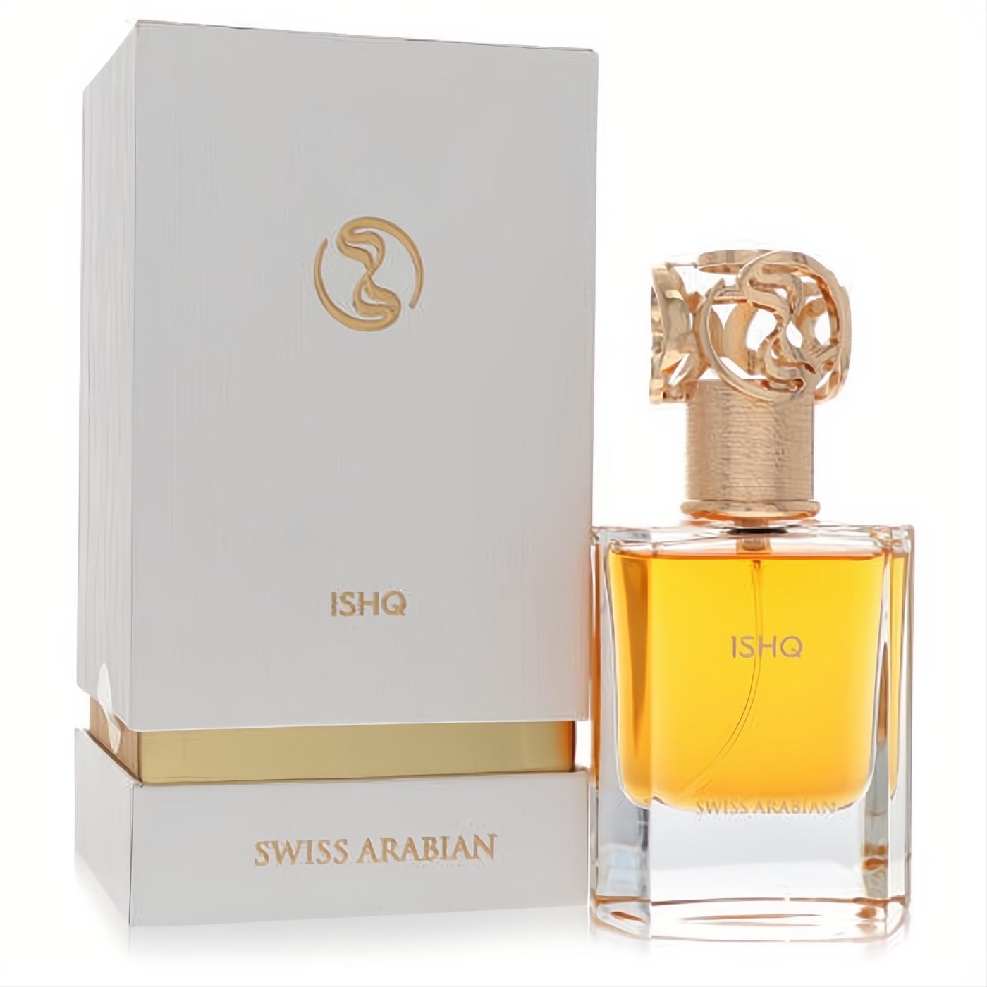 Luxurious Swiss Arabian Ishq 1.7 oz unisex EDP, featuring a clear bottle with golden liquid, ornate gold cap, and elegant white & gold box.