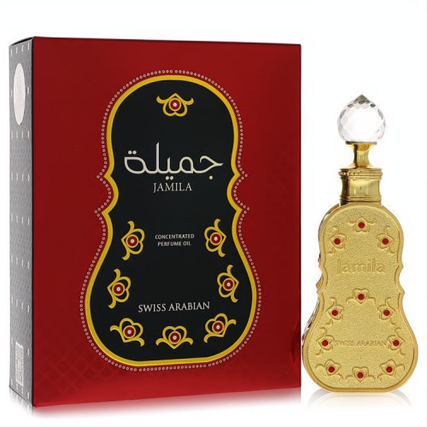 Exquisite gold Swiss Arabian Jamila concentrated perfume oil bottle with crystal stopper, beside its ornate red box.