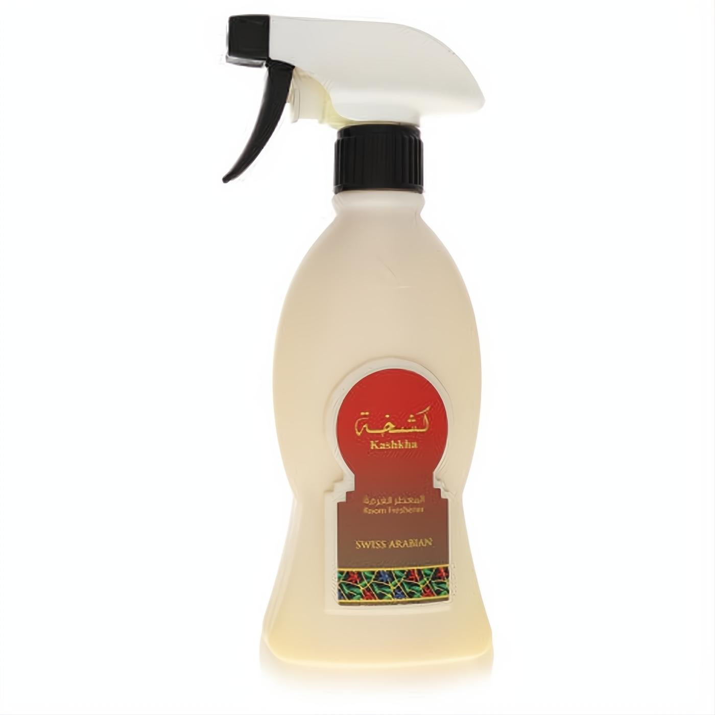 Elegant Swiss Arabian Kashkha room freshener in a curvy cream plastic spray bottle. White trigger top, distinctive red and brown ornate label.