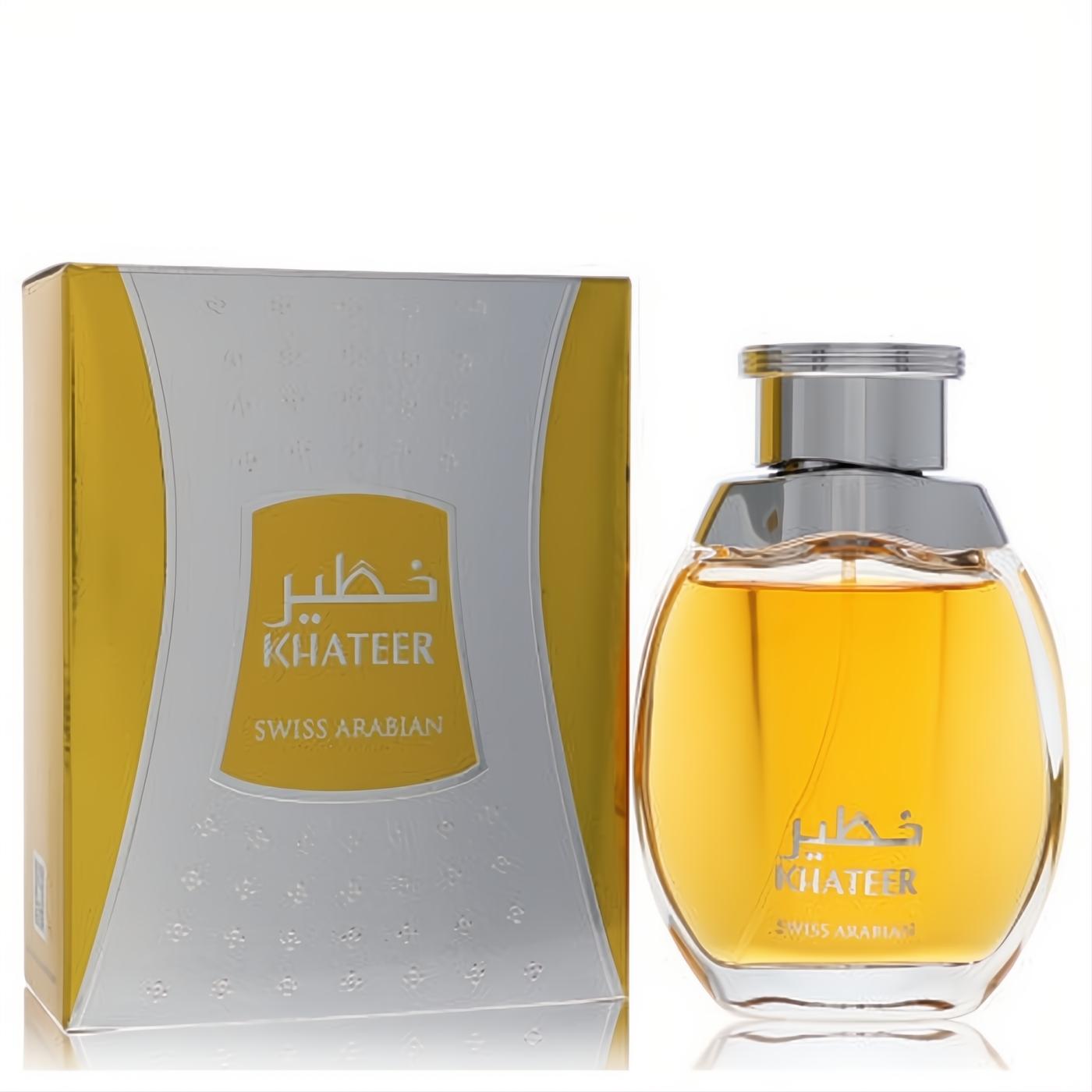 Swiss Arabian Khateer men's EDP. Golden liquid in a sleek clear glass bottle with silver cap, beside its striking gold and silver box.