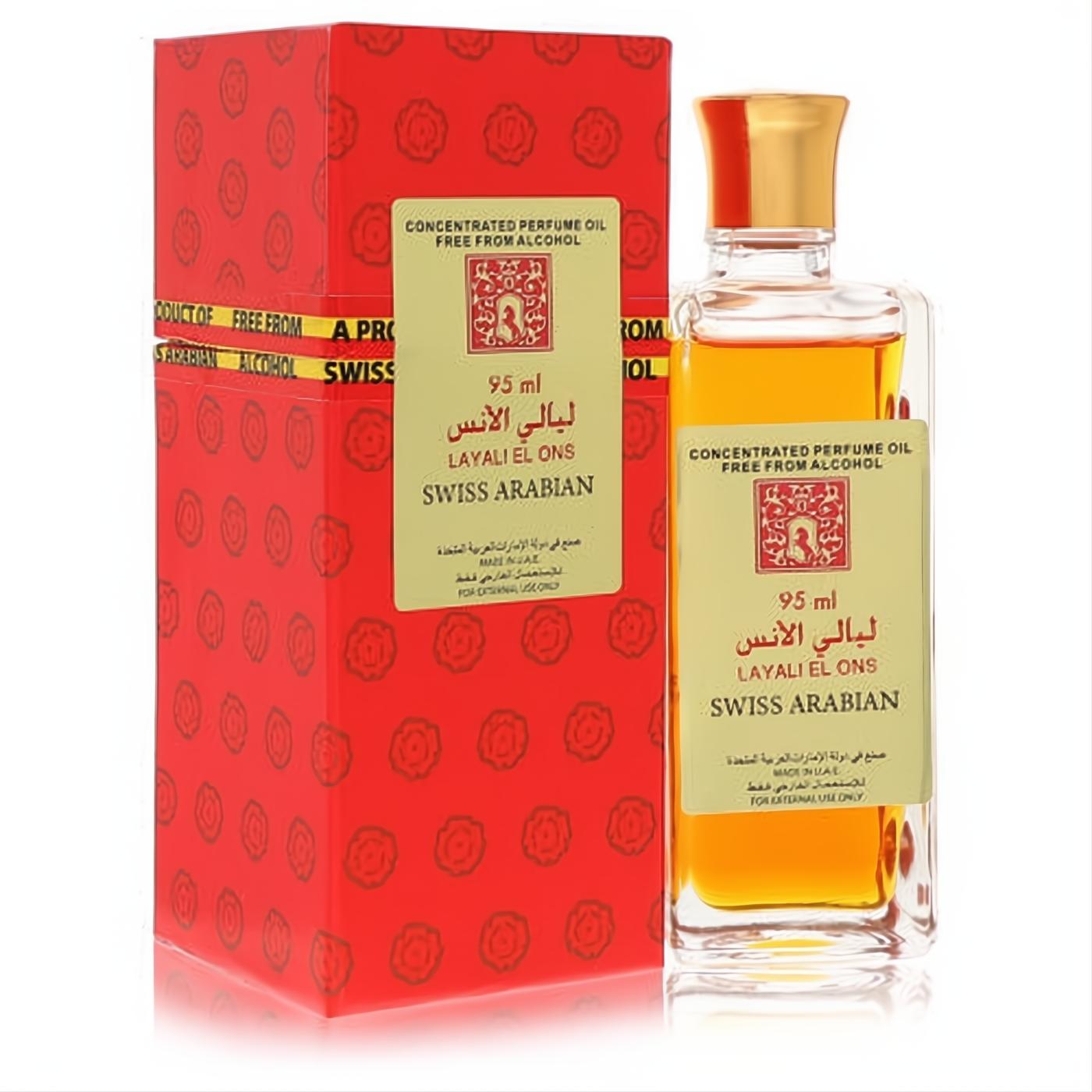 Luxurious Swiss Arabian Layali El Ons 95ml concentrated perfume oil. Clear bottle with golden liquid, cap, and ornate red box.