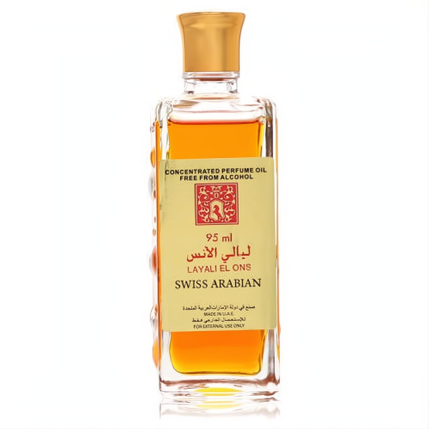 Elegant Swiss Arabian Layali El Ons 95ml concentrated perfume oil. Clear glass bottle, rich amber liquid, luxurious gold cap.