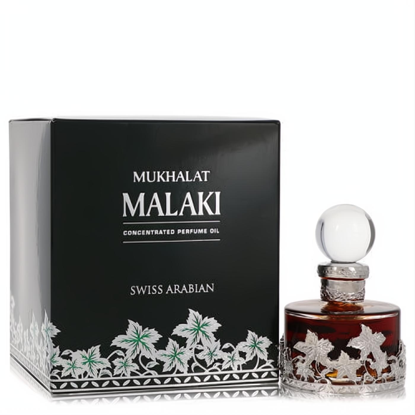 Swiss Arabian Mukhalat Malaki men's perfume oil, a luxurious amber bottle with intricate silver leaf design, beside its elegant black box.